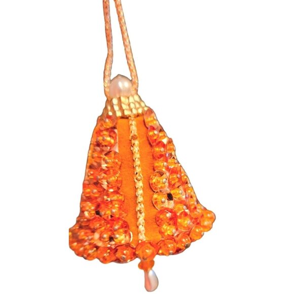 Orange Beaded Bell Ornament With Gold Accents Push Pin Pearl Details Holiday Dec - Picture 4 of 10